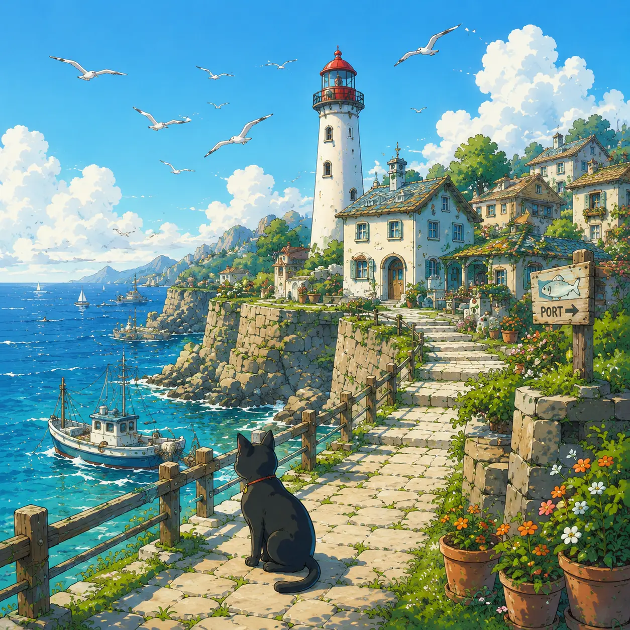 Lighthouse overlooks a bright blue coast.