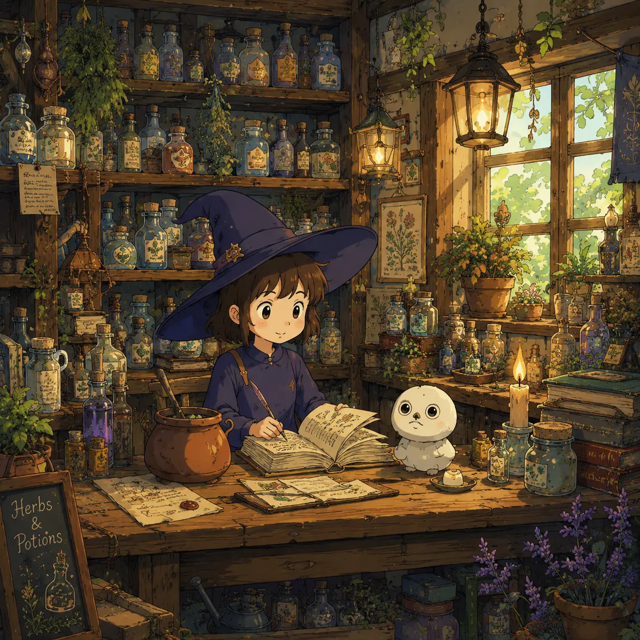 Witch works quietly in a warm workshop.