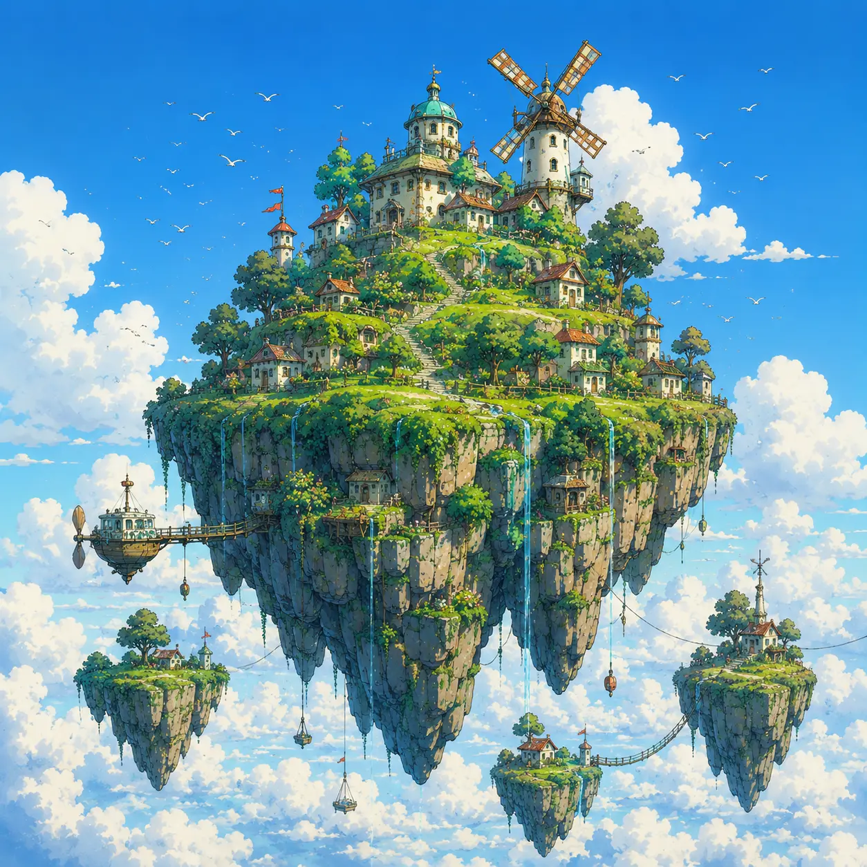 Floating island rises above the clouds.