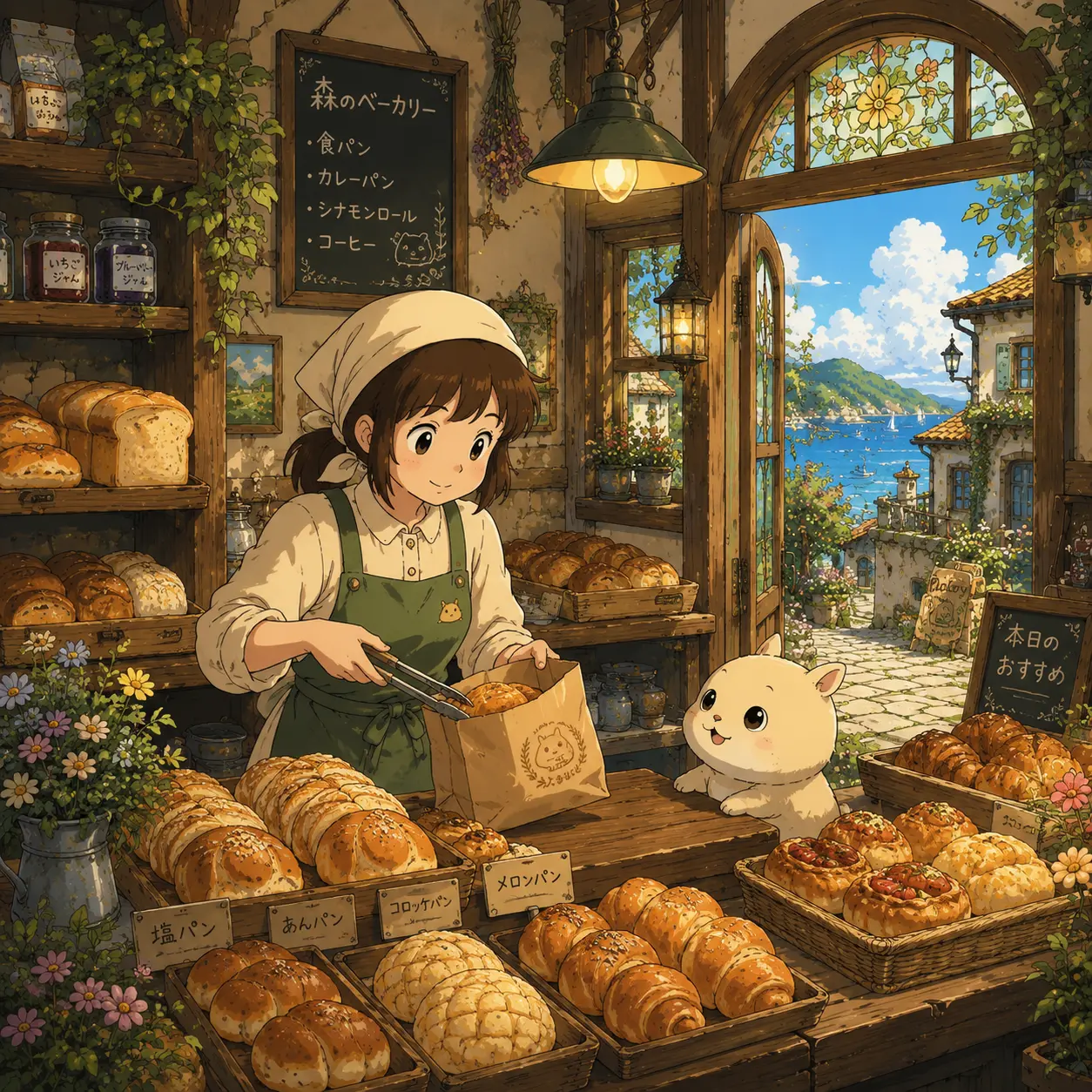 Fresh bread fills a cozy corner bakery.