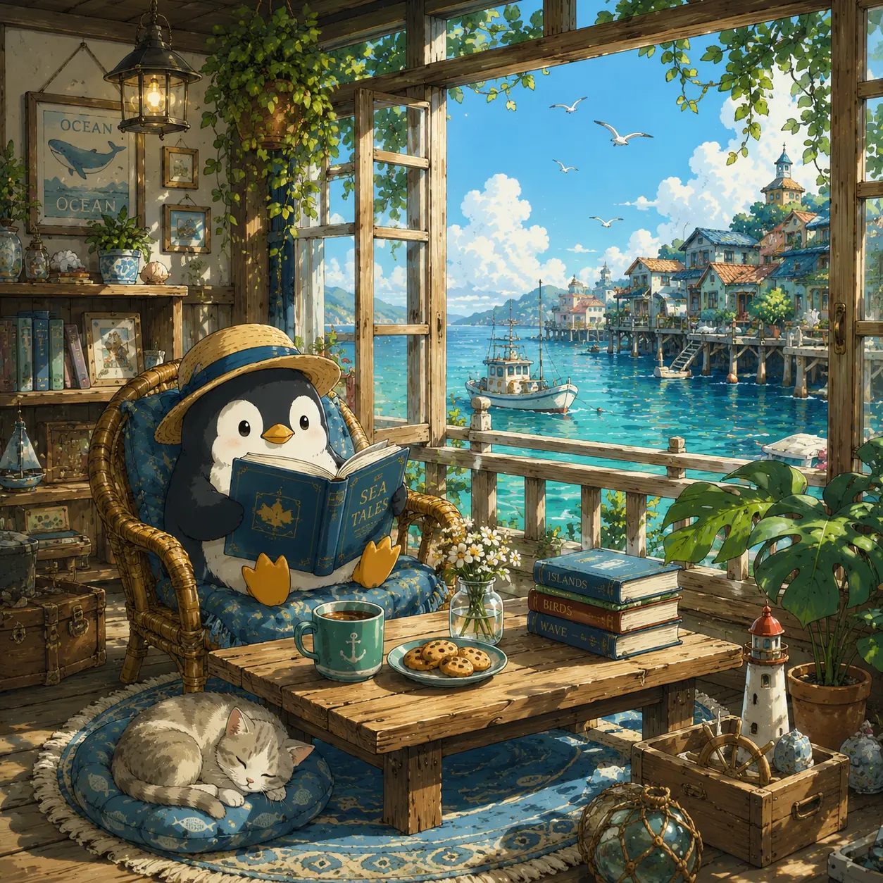 Penguin settles into a harbor-side room.